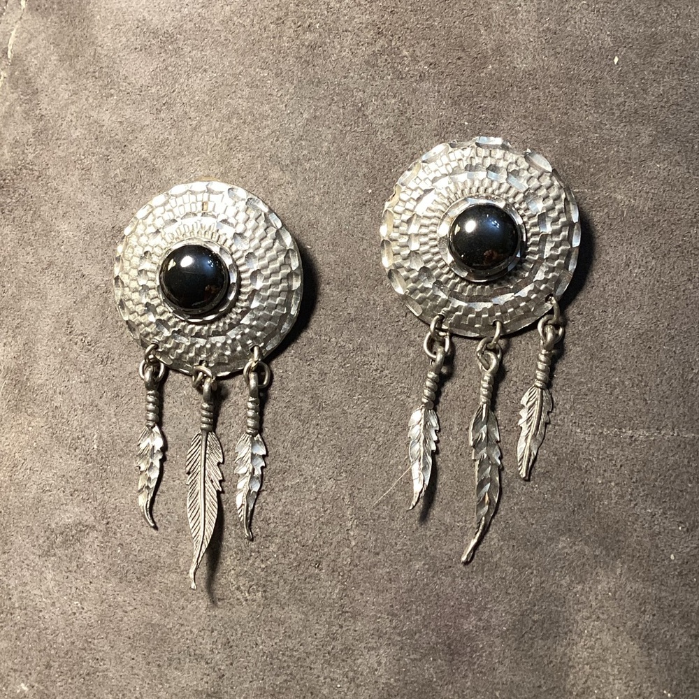 Vintage Navajo Native Silver and Black Onyx Earrings